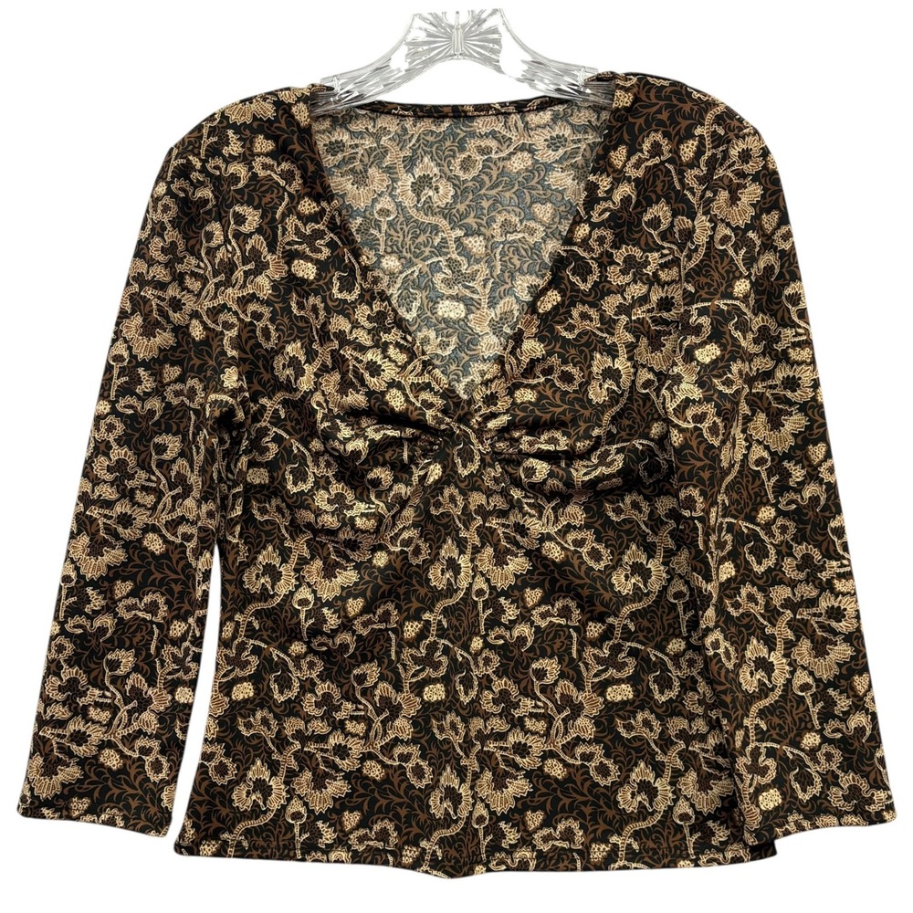 Retro‎ Y2k Edgy Floral Print Long Sleeve Top Gathered V Neck Blouse Size Small